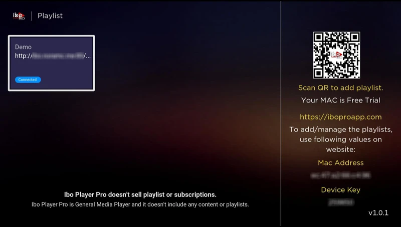 IBO Player Device ID and Key Screen